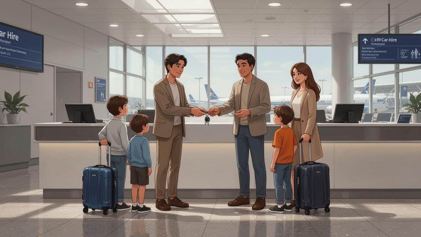 Family of four with luggage picks up car keys at airport rental counter.