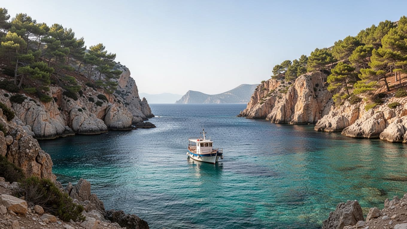 Modern illustration depicting rugged cliffs, turquoise Blue Lagoon at Akamas Peninsula in Cyprus, with a small boat in clear sea waters and cedar trees on hills, featuring clean shapes, controlled colors, strong composition, and soft natural lighting.