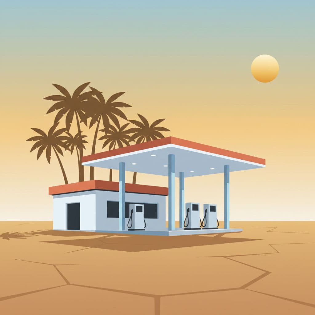 A minimalist fuel station building sits under a clear sky, surrounded by parched earth and tall palm trees. Clean geometric lines define the pump canopy and central kiosk structure.
