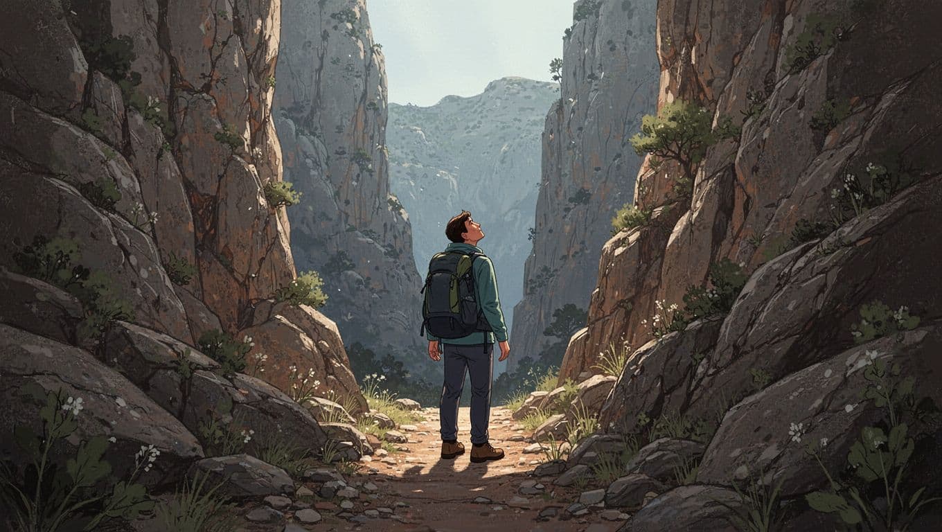 Hiker with backpack pauses to look up on narrow rocky path between cliffs in Avakas Gorge.