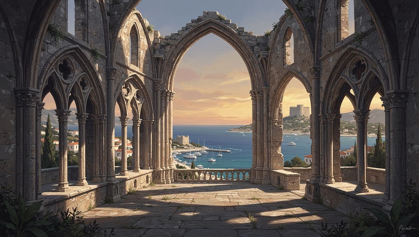 Crumbling Gothic arches of Bellapais Abbey overlook Kyrenia harbour with distant boats and castle at sunset.