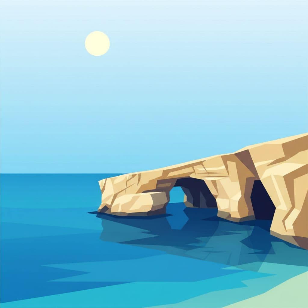 Sharp limestone cliffs tower over the turquoise Mediterranean Sea at Cape Greco. Intricate natural sea caves are carved into the rocky base, captured in a clean and modern digital illustration style.