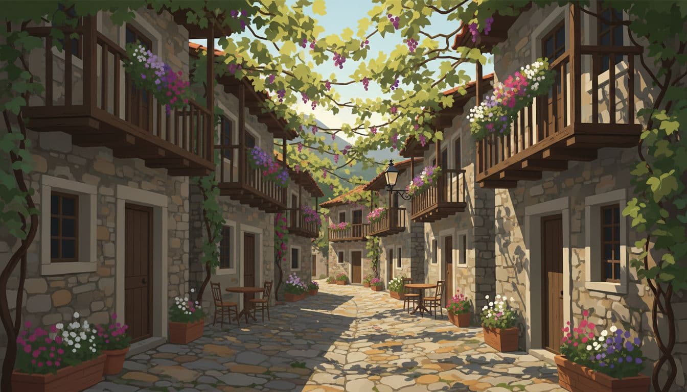 Traditional stone cottages line a narrow cobblestone pathway in a quaint mountain village. Vibrant flowers spill from wooden balconies, while dappled sunlight filters through overhead grapevines to illuminate the scene.