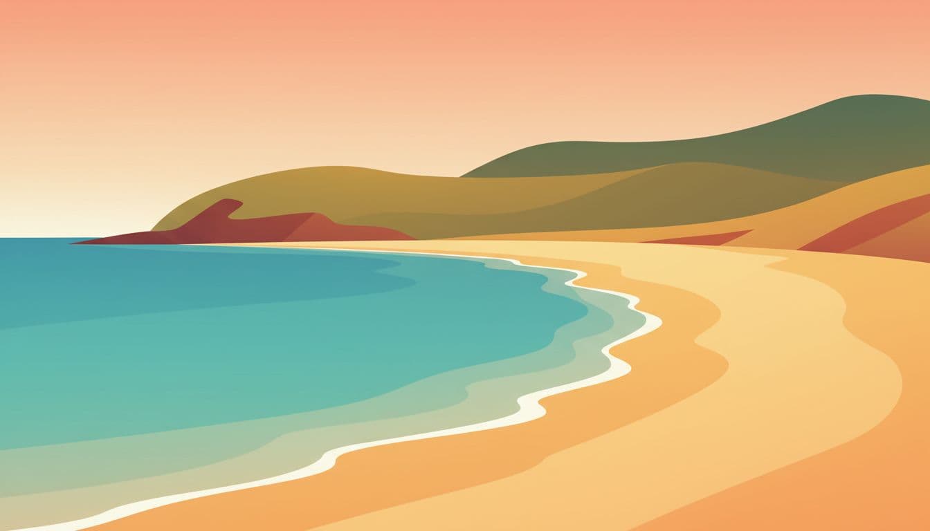 A sweeping crescent of golden sand borders tranquil turquoise waters under a soft sky. Rolling hills rise gently in the background, creating a peaceful and secluded tropical coastal retreat landscape.