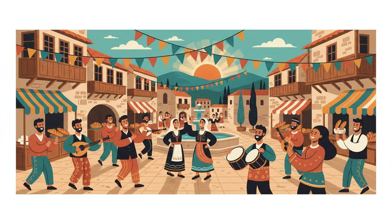 Colorful bunting hangs above a bustling town square as locals play traditional stringed instruments. Nearby, villagers in patterned attire gather in a vibrant, stylized setting defined by clean, minimalist geometric shapes.