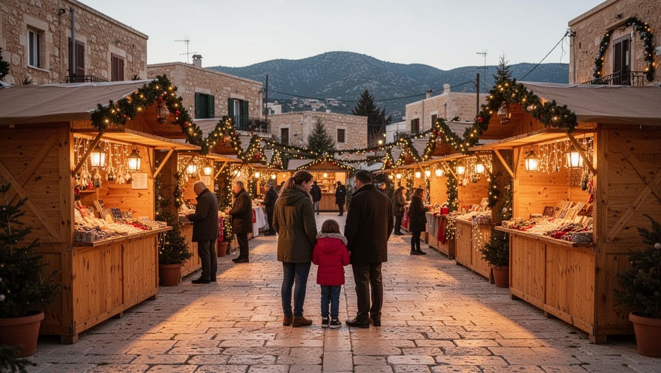 Dusk-lit wooden stalls with garlands sell crafts, food, and mulled wine in a Cypriot village square; two adults and one child browse on cobblestones amid stone houses and mountains.