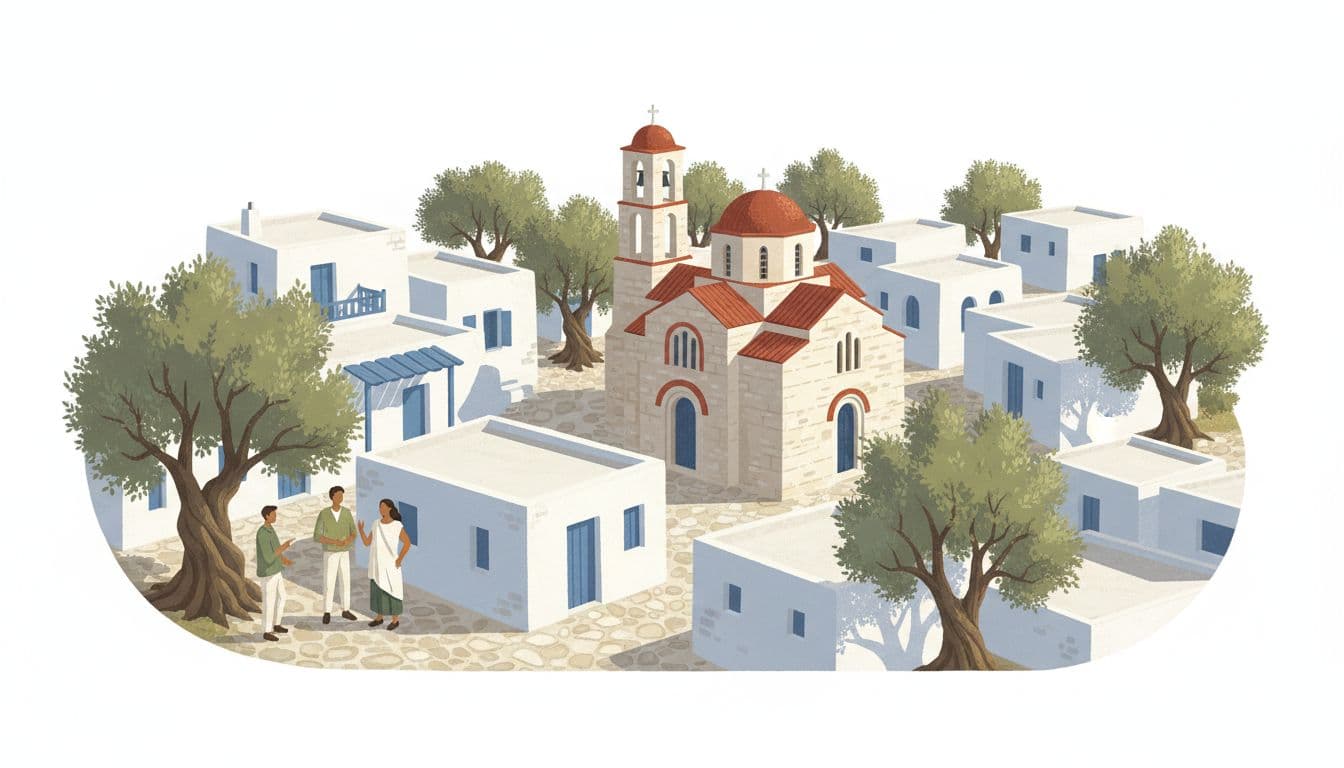 Whitewashed houses line narrow streets around a central Byzantine church, olive trees nearby, two people chat outside in soft morning light.