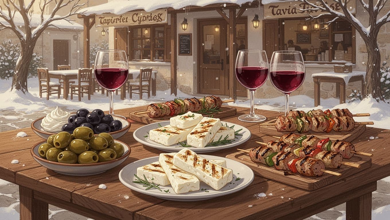 Traditional Cypriot meze with olives, halloumi, souvlaki and wine glasses on wooden table in outdoor winter tavern, warm lighting.