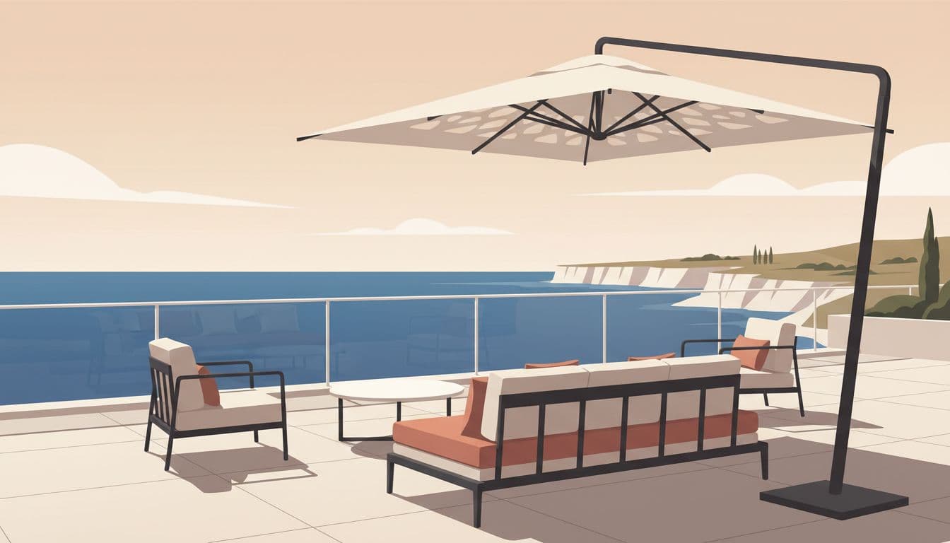 An elegant lounge area features comfortable modern furniture set under a white parasol. The terrace overlooks the vast, calm Mediterranean sea, showcasing a serene atmosphere for a relaxing luxury getaway.