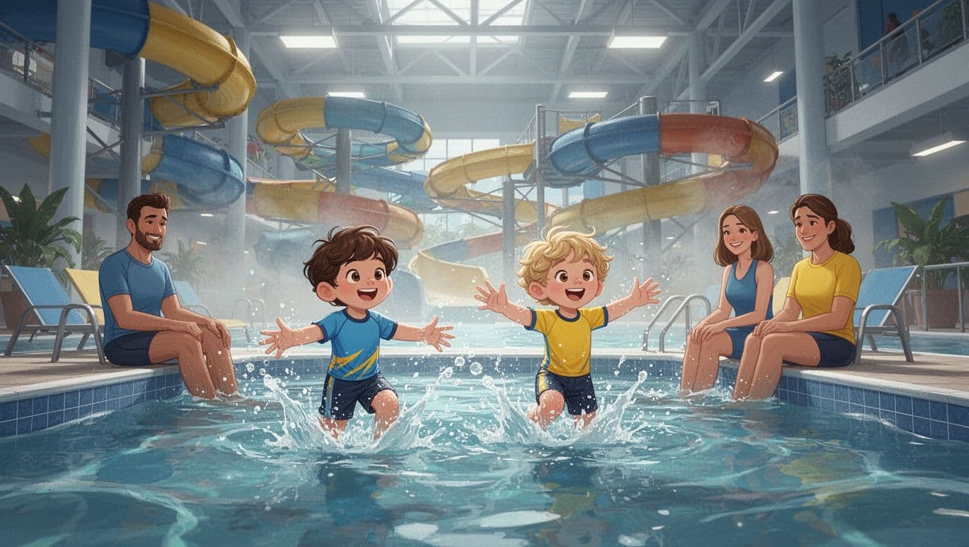 Two children aged 4-8 splash in shallow pool, two parents watch nearby, colorful slides in background.