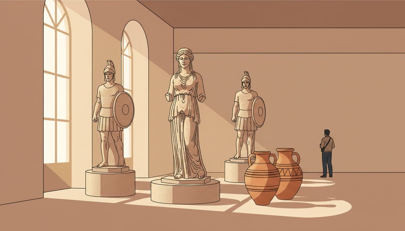 Cyprus Museum interior with ancient statues and artefacts on display.
