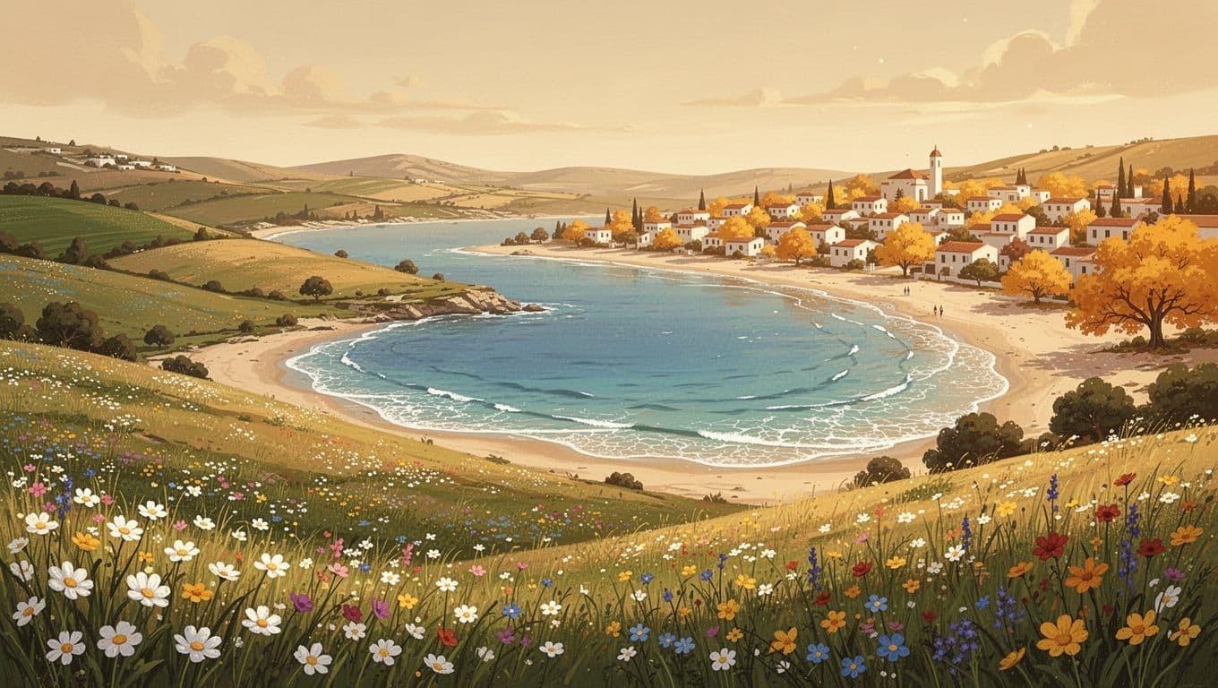 A vibrant modern illustration blending Cyprus landscapes from spring wildflowers on hills, summer beaches with calm seas, and autumn villages in golden light, featuring clean shapes, warm colors, strong composition, and soft natural lighting.