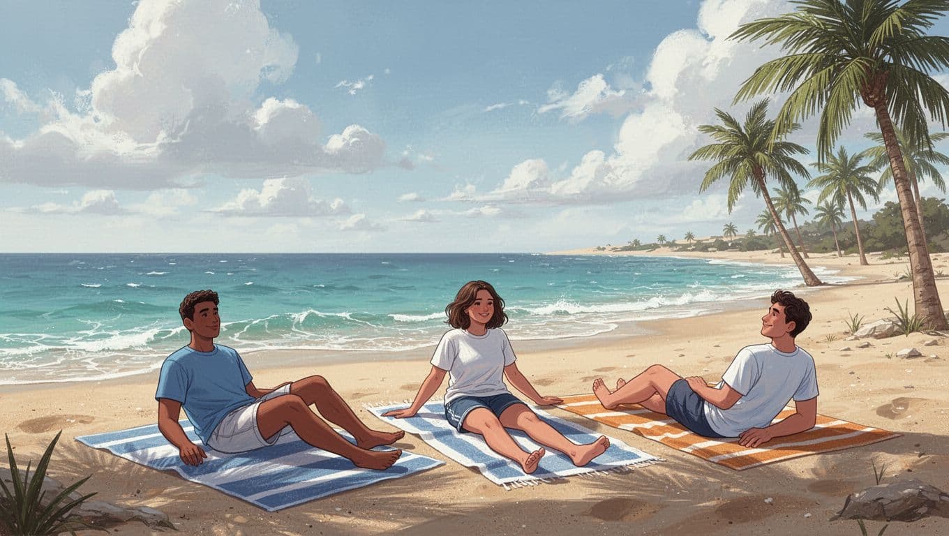 Three people relax on towels at sandy Cyprus shore with calm turquoise sea, palm trees, and partly cloudy sky.