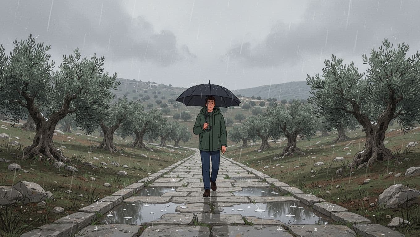 Light rain on Cyprus hillside with olive groves, stone path with puddles, and one person holding umbrella walking downhill under grey clouds.