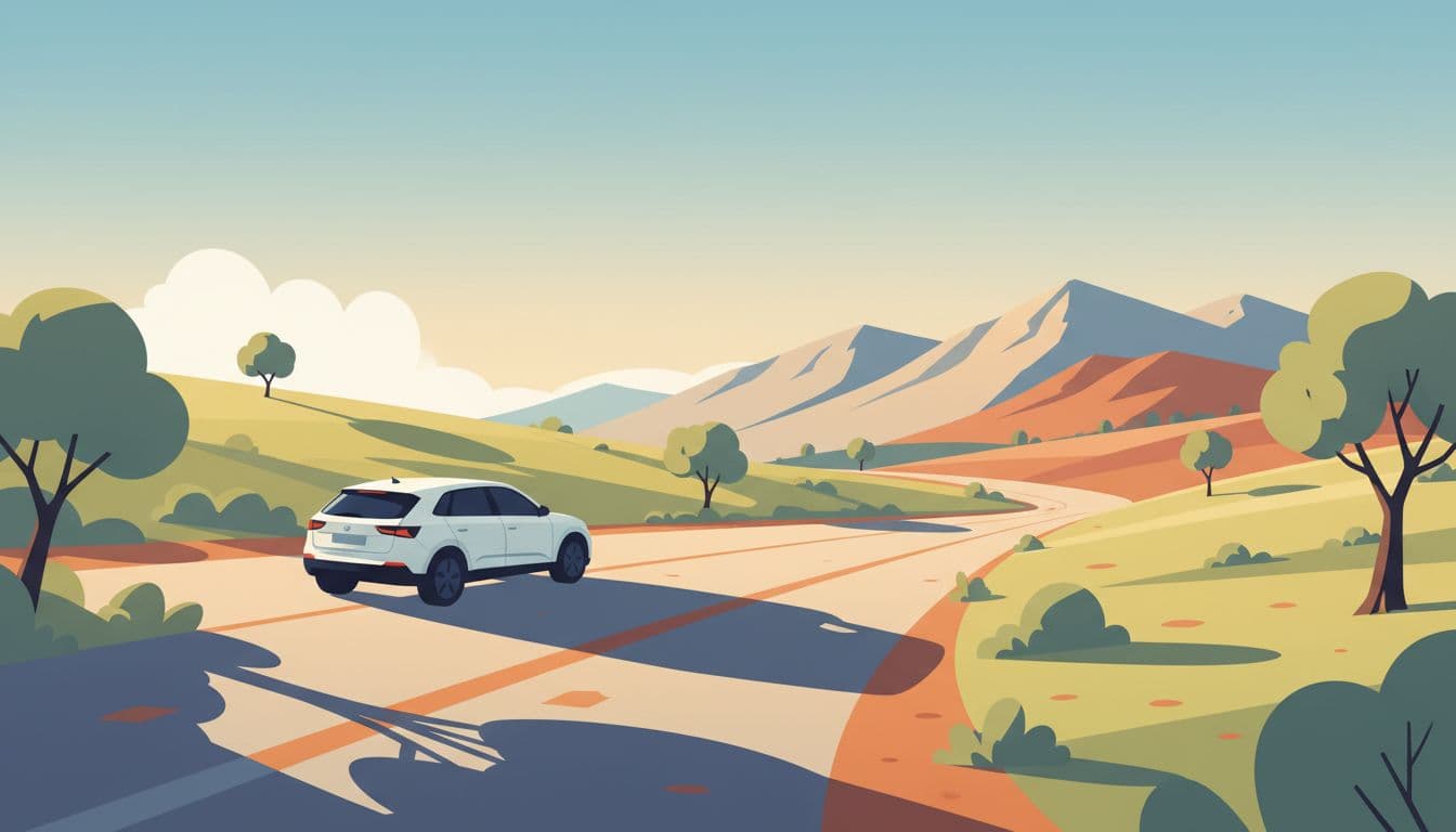 A sleek modern vehicle travels along the left side of a winding asphalt road. Rugged mountains rise under a bright sun, highlighting the clear lane markings and safe driving environment.