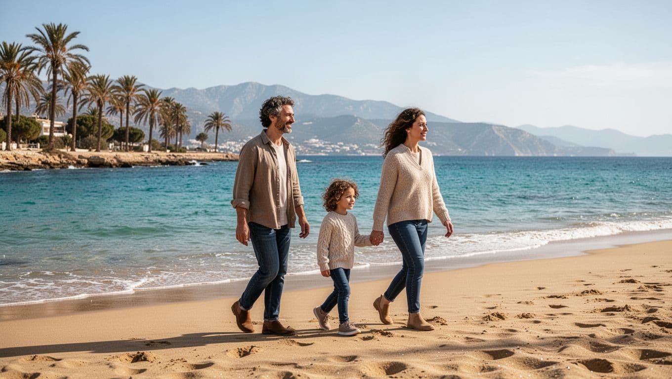 Family of four walks along sunny Cyprus beach with turquoise sea, golden sand, palm trees, and distant mountains.
