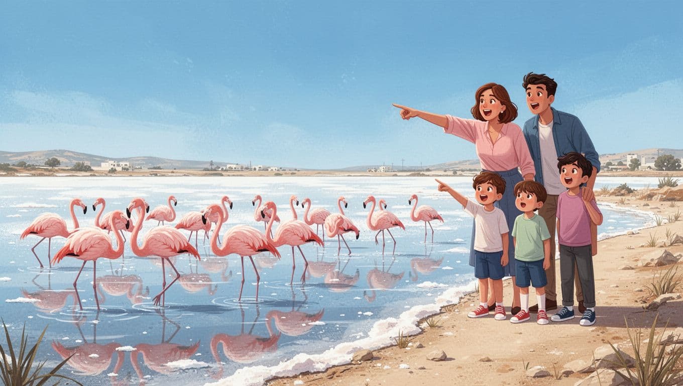Family of four on path views flock of pink flamingos in shallow Larnaca Salt Lake waters with blue sky reflections.
