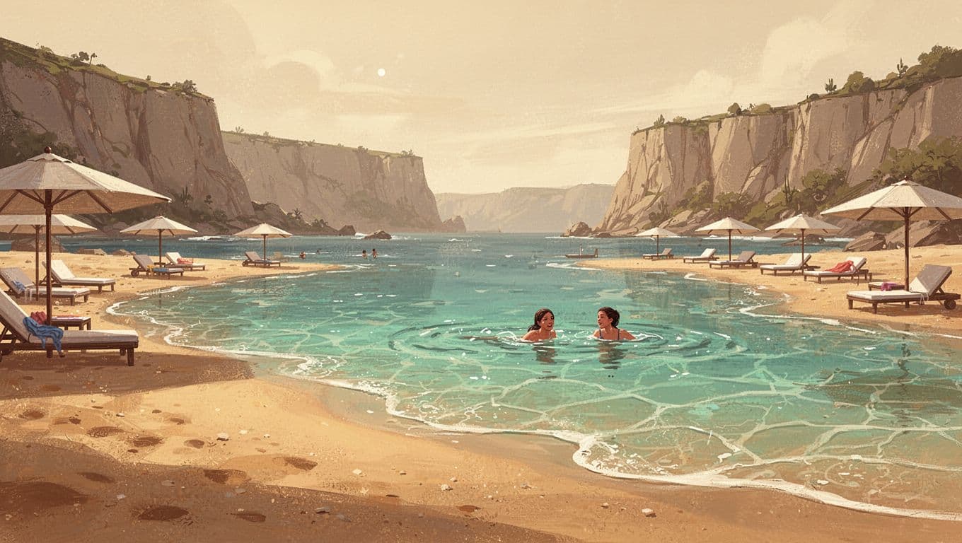 Golden sandy beach with turquoise sea at Fig Tree Bay in Protaras, Cyprus, featuring calm shallow waters, scattered parasols and sun loungers, distant cliffs, and two people swimming relaxed in a modern illustration style.