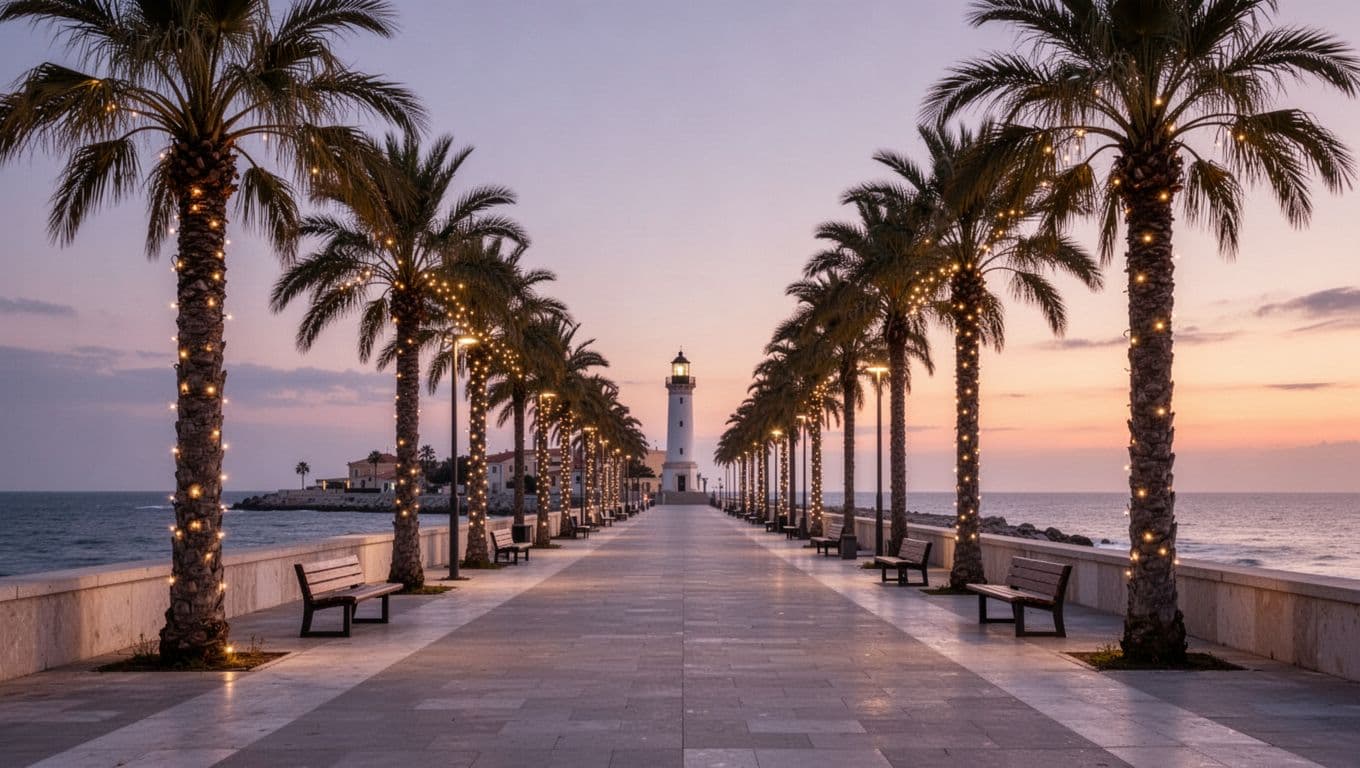 Empty seafront path with lit palm trees, benches, and distant lighthouse at twilight.
