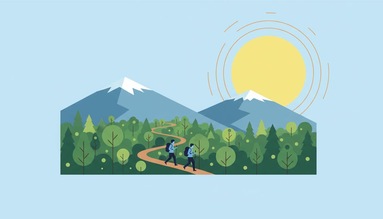 Two hikers walk along a winding dirt path surrounded by dense green forest trees. The vibrant mountain landscape features clean, minimal shapes under a bright sun that illuminates the outdoors.