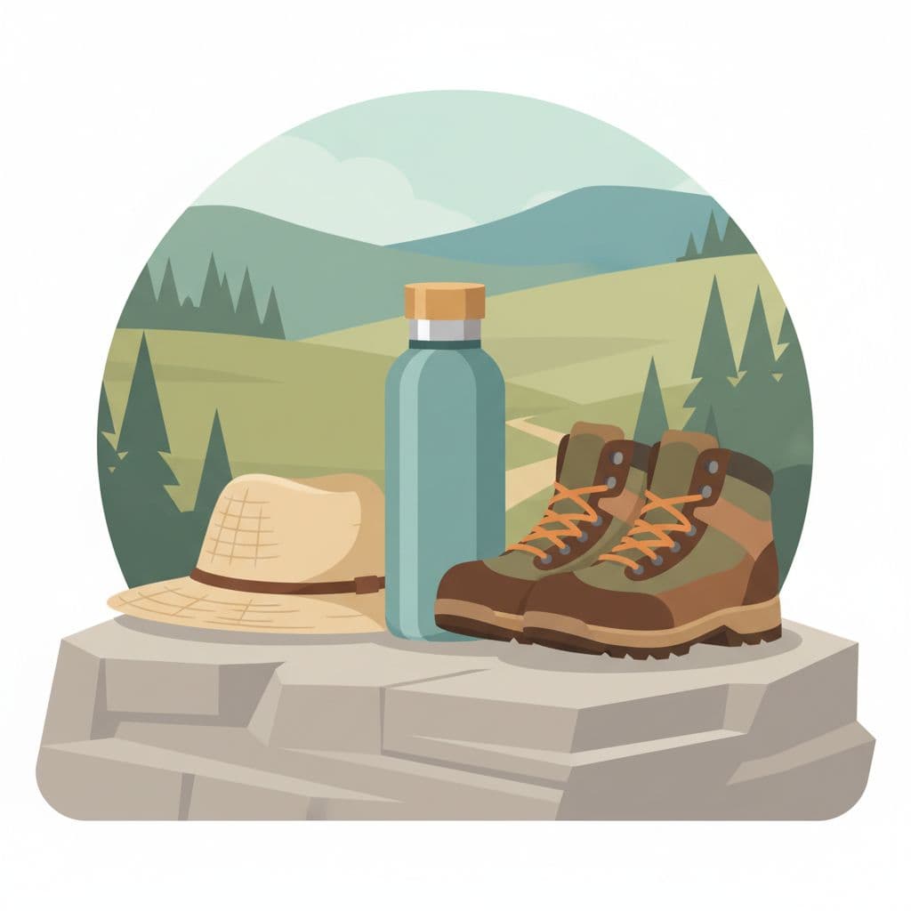 A reusable water bottle, a sun hat, and sturdy hiking boots rest neatly on a flat limestone rock. The background features a soft, blurry landscape rendered in a clean, modern illustration style.