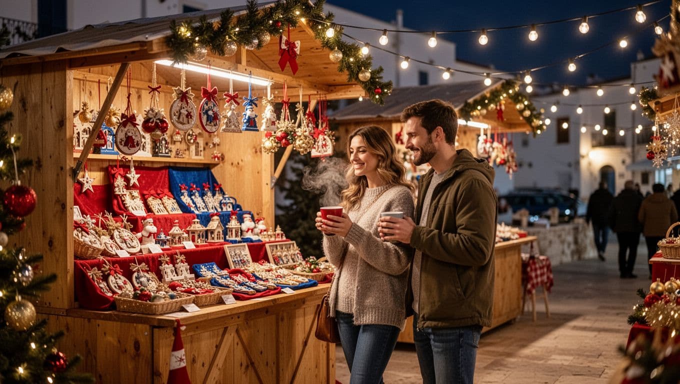 Couple browses wooden stalls with crafts, ornaments and hot drinks at lit Christmas market in Larnaca at night.