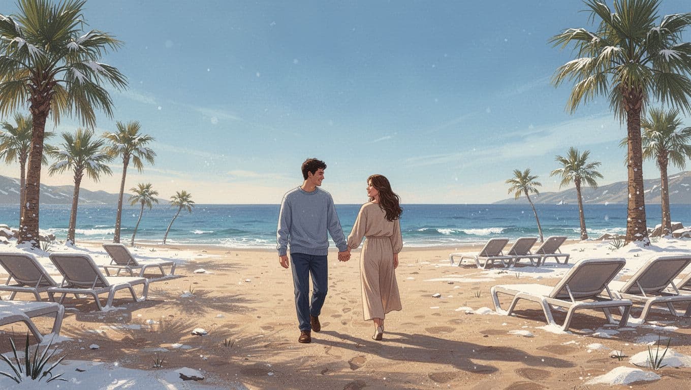 Sunny winter beach in Larnaca with calm sea, palm trees, empty lounge chairs, and couple walking hand-in-hand on shore.