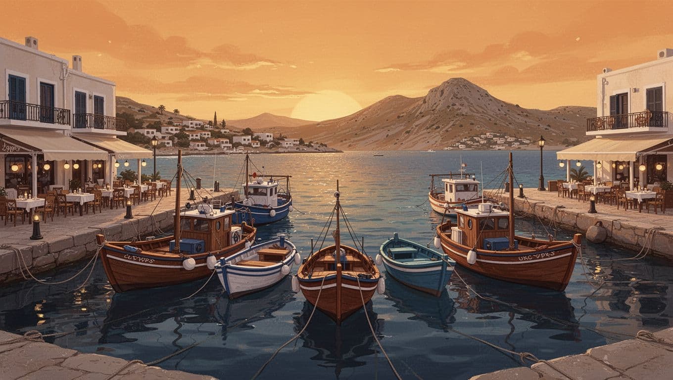 Wooden boats moored in calm water at Latchi harbour, seafront tavernas, Akamas peninsula backdrop at sunset.