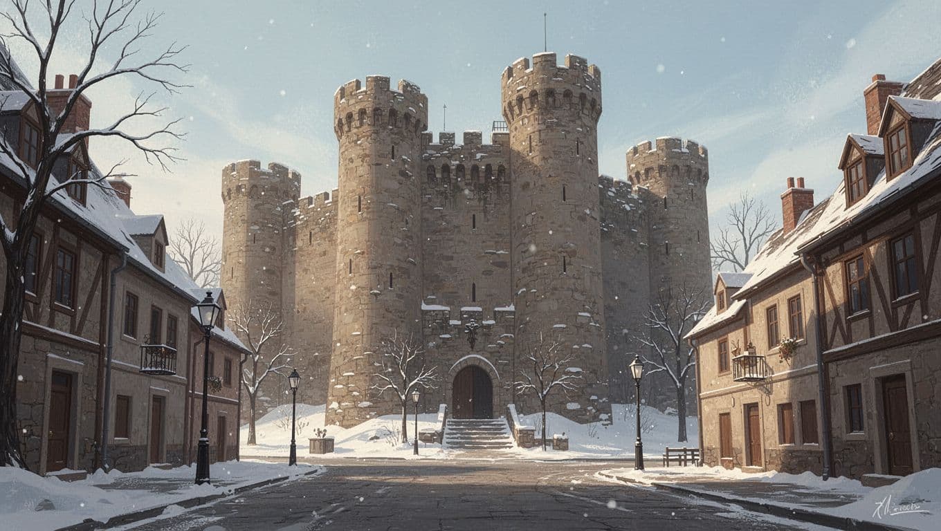Ancient Limassol Castle with prominent stone walls and tower on a clear winter day, surrounded by empty old town streets.