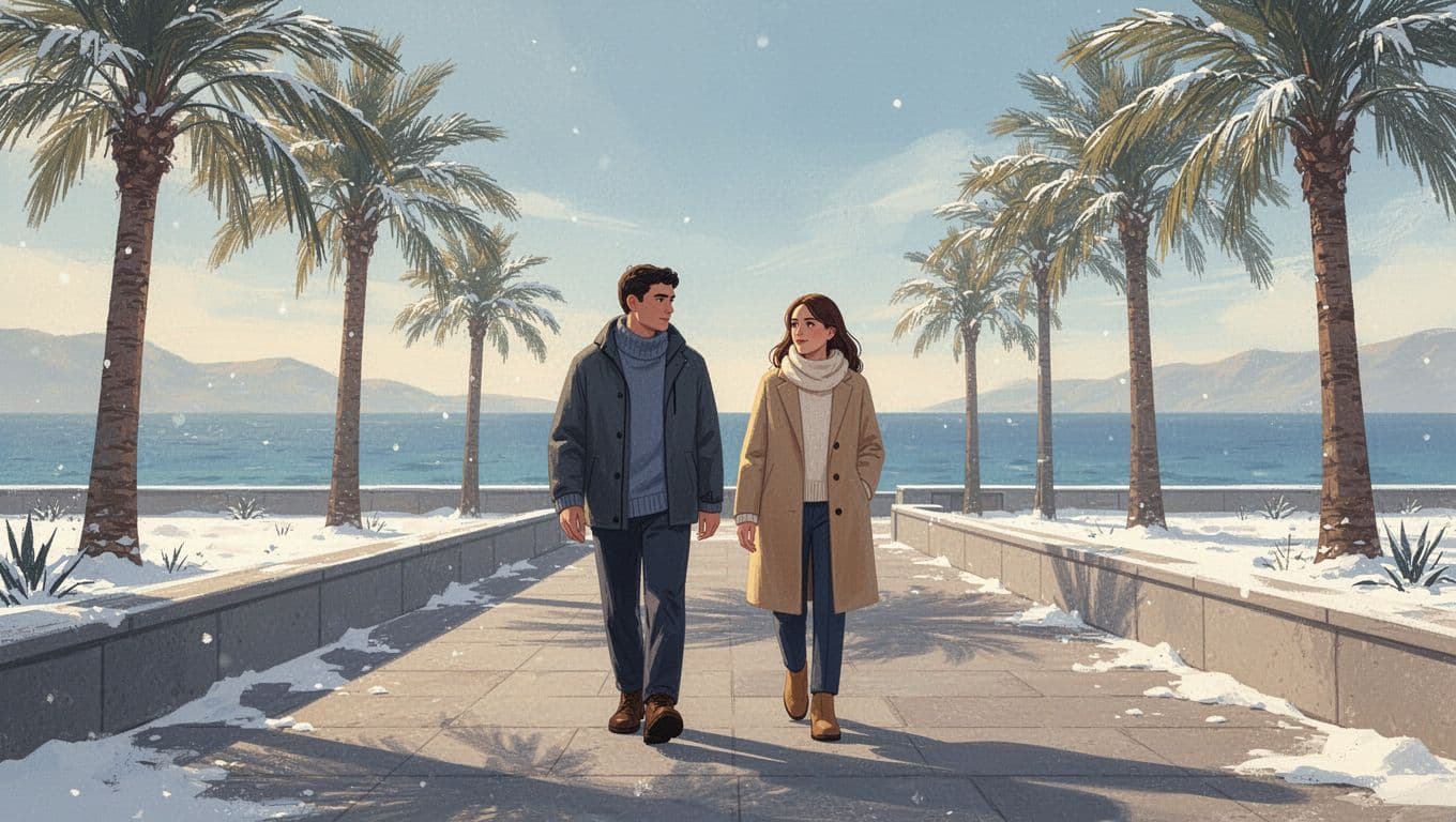 Couple in winter clothes walks sunny Limassol seafront promenade, calm sea and palm trees behind.