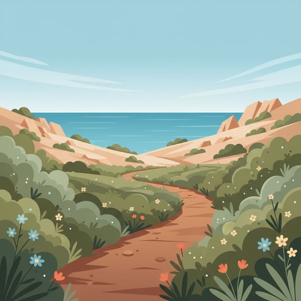 A winding dirt trail cuts through vibrant green shrubland filled with colorful wildflowers. The background features rocky hills and a calm blue sea, rendered in a crisp, clean modern illustration style.