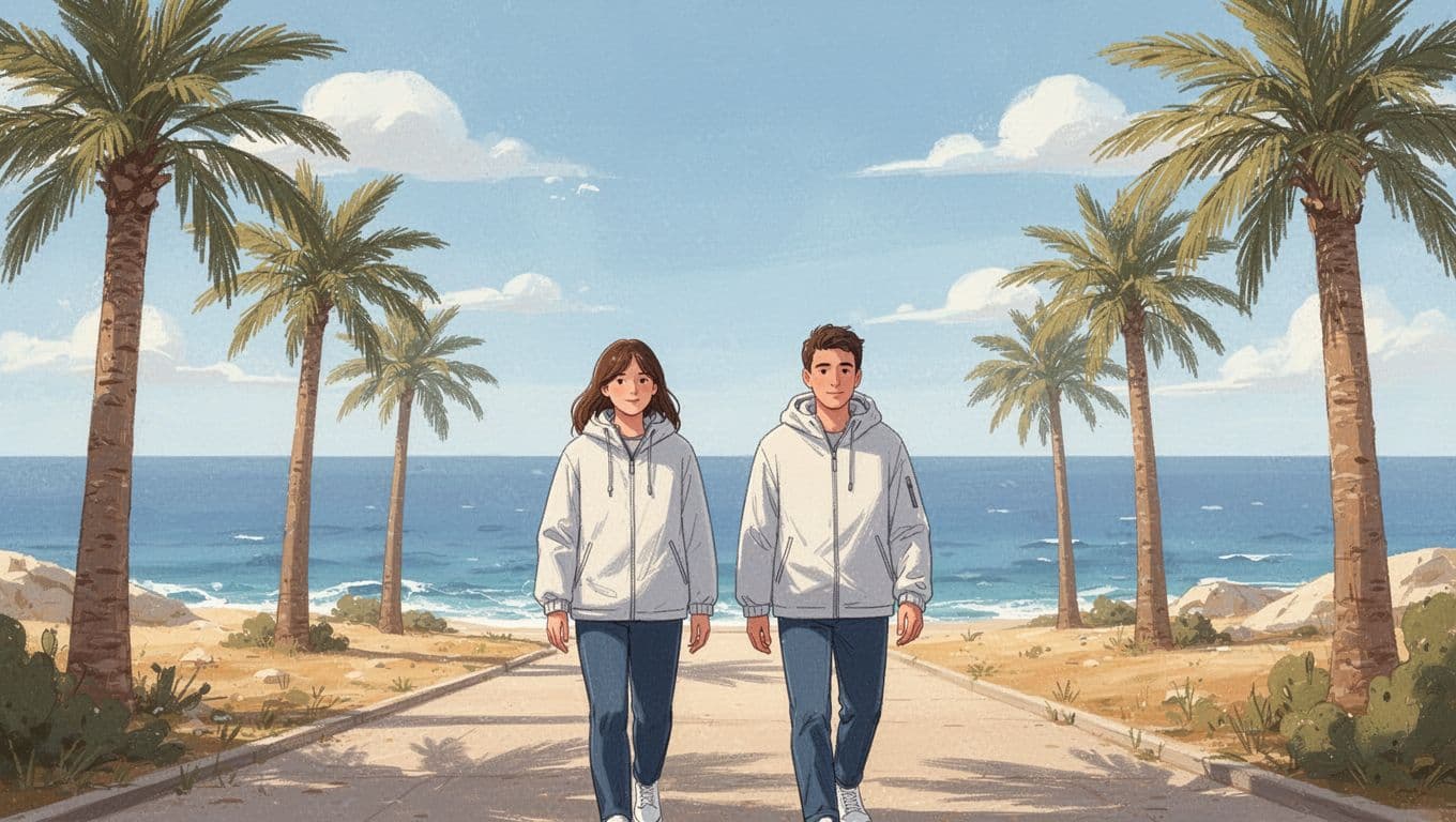 Palm trees line sunny coastal path with two people in light jackets strolling, sea in background, clear blue sky.