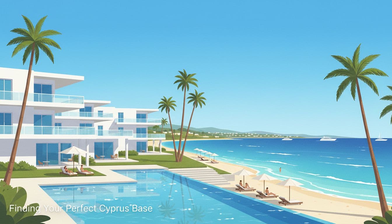 A sleek hotel resort features minimalist white architecture situated against a vibrant turquoise sea. Tall palm trees lean over stone walkways while bright Mediterranean sunlight creates crisp shadows across the pool.