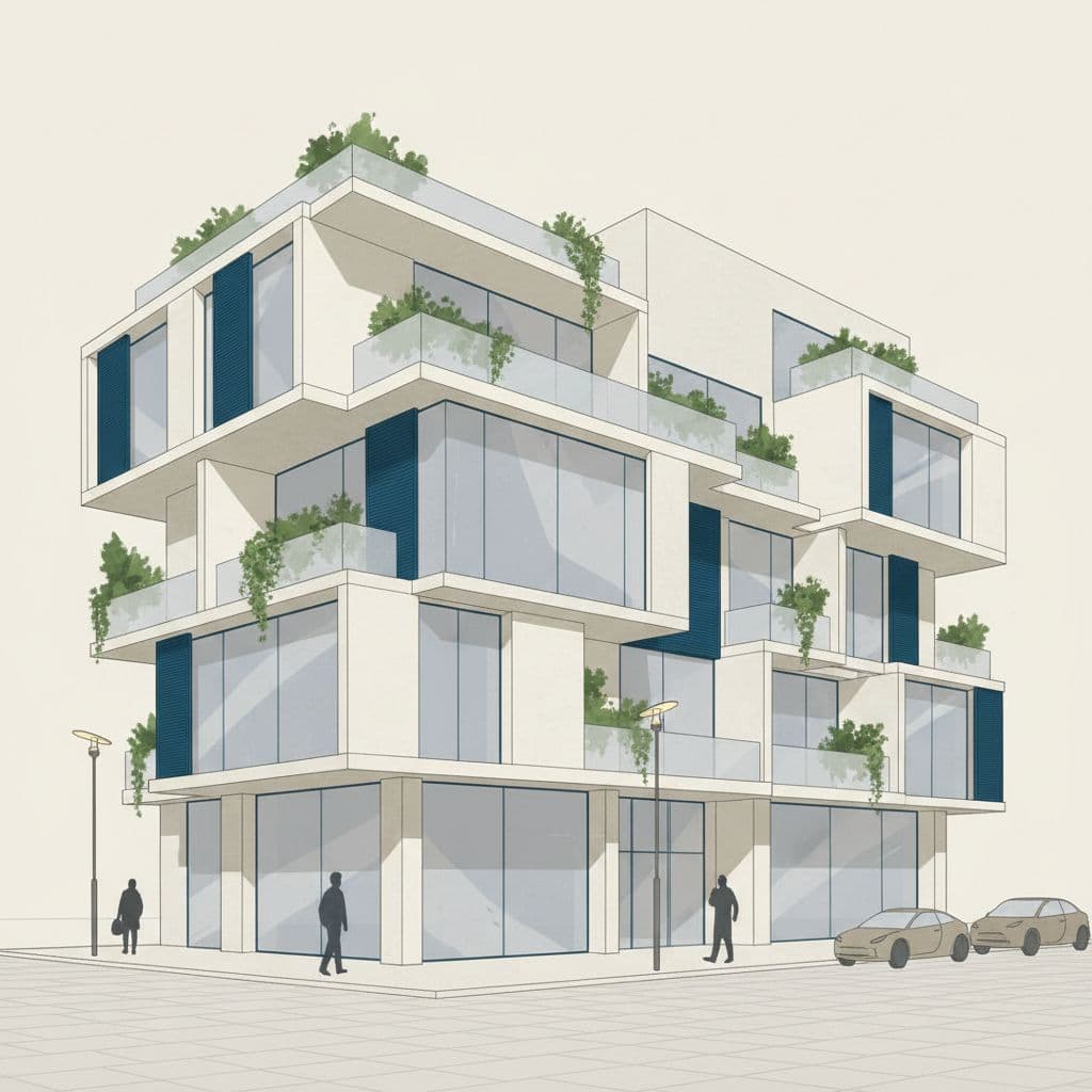 A contemporary boutique hotel facade features expansive glass windows and lush greenery draping from stone balconies. A clean paved street leads up to the geometric structure under a soft sky.