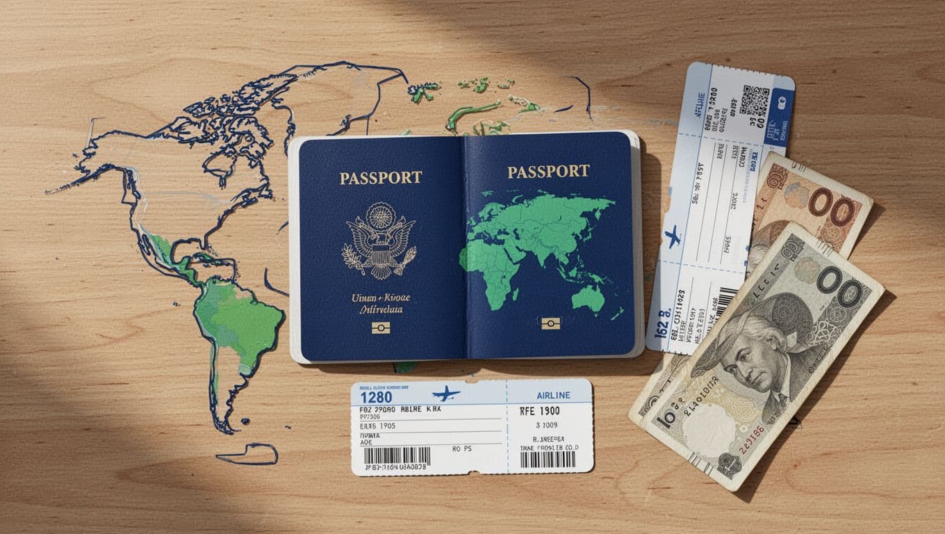 Modern illustration of a UK passport open on a wooden table next to a Cyprus map, airplane ticket, and euro notes in blues and greens.