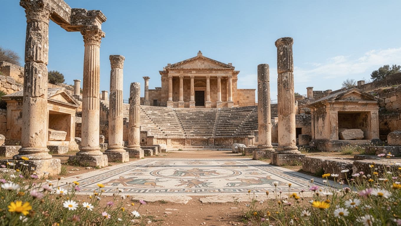 Ancient Roman mosaics and ruins in Paphos Archaeological Park, Cyprus, with stone columns, theatre, and tombs under a blue sky surrounded by wildflowers. Modern illustration in clean shapes, warm colors, strong composition, and soft natural lighting, no people.
