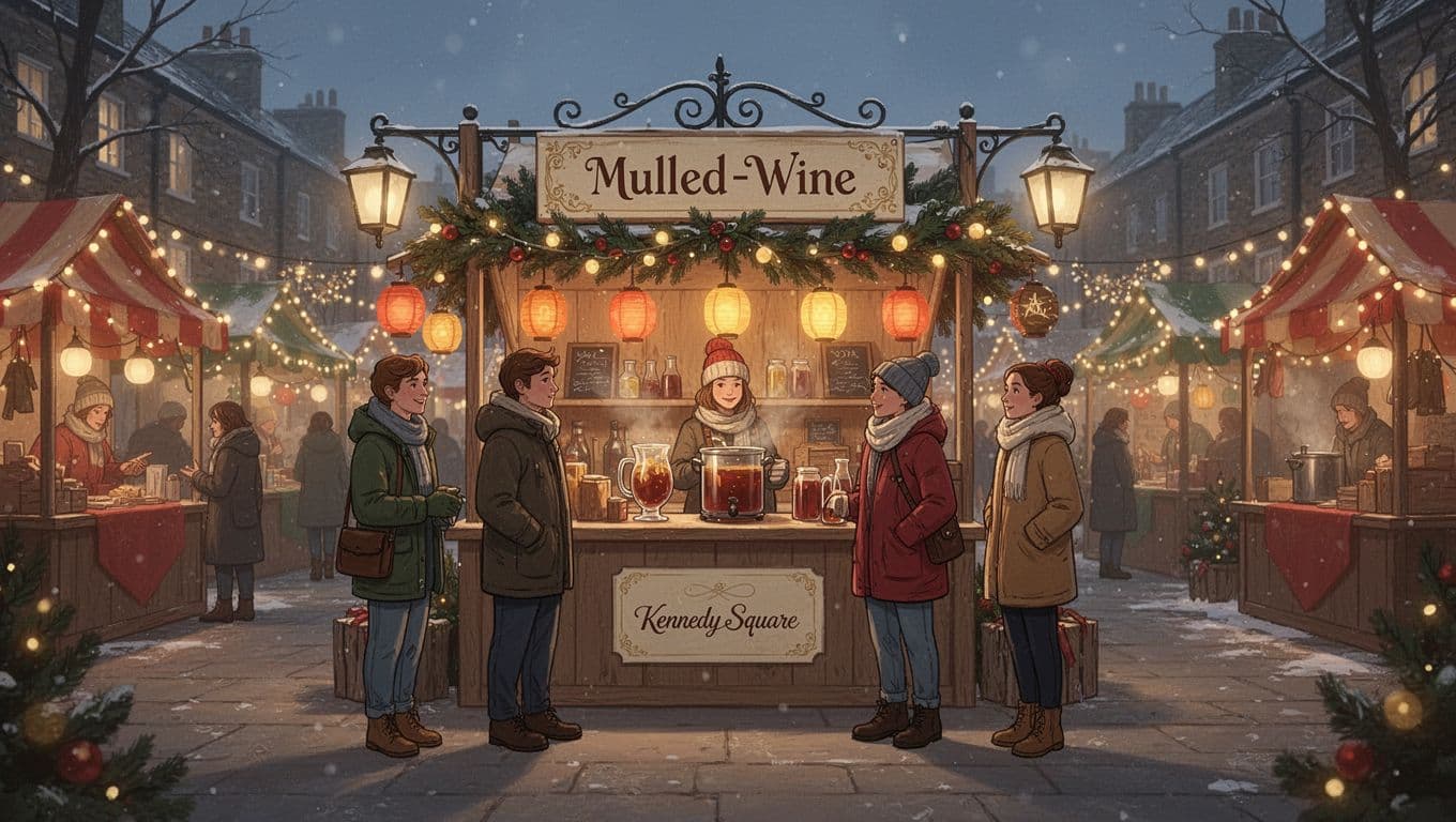 Festive stalls lit warmly at Paphos Christmas market in Kennedy Square evening, three people browse mulled wine.