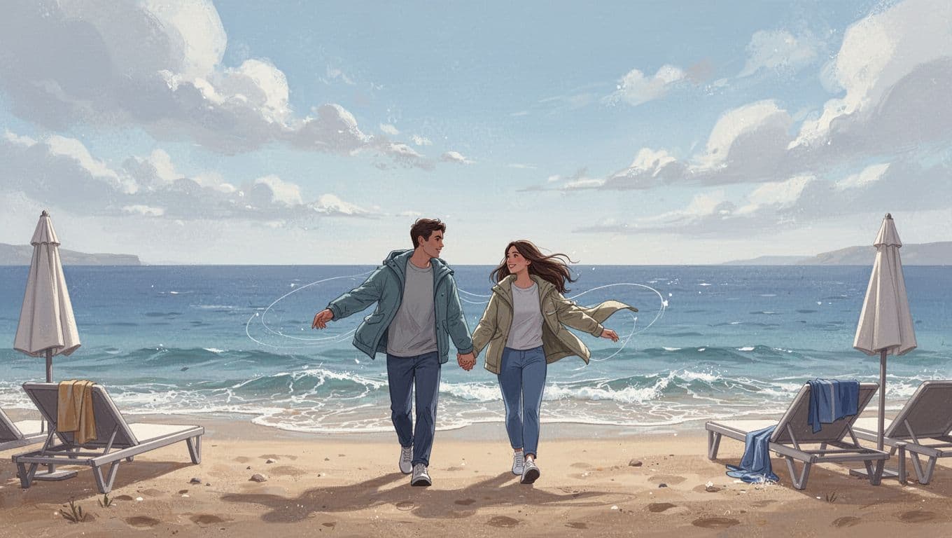 Couple walks along empty beach with calm sea, stored loungers, under partly cloudy sky.