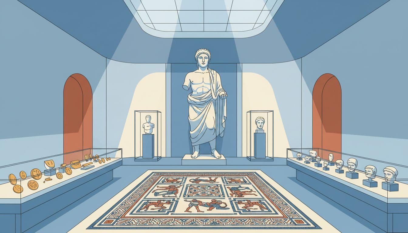 Paphos district archaeological museum with Roman artefacts and statues on display.