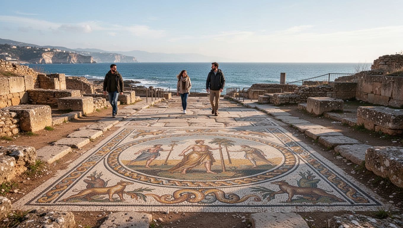 Ancient Roman mosaics at Paphos Archaeological Park under mild winter sun, two visitors on paths, coastal background.