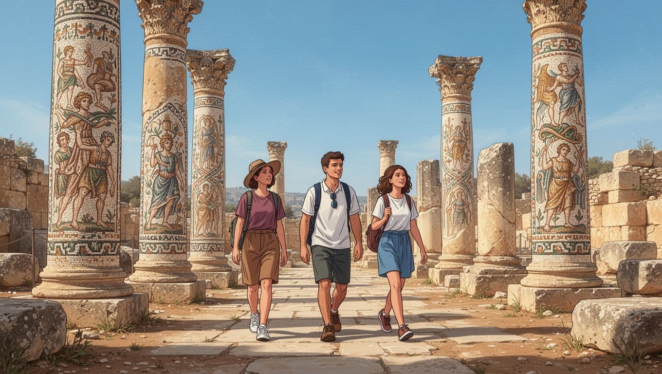 Three tourists walk past ancient Roman mosaics and columns in Paphos Archaeological Park under clear blue sky.