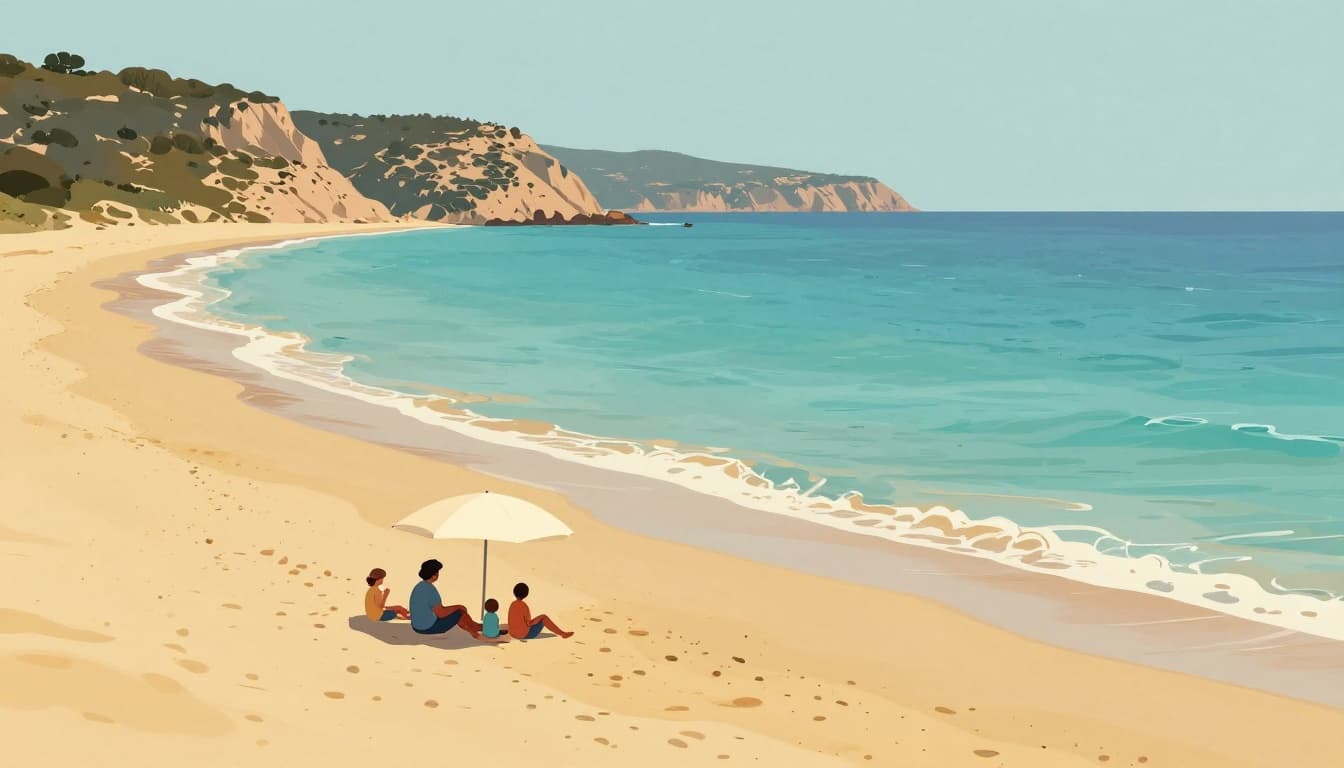 Family of three under parasol on golden sandy beach at Polis, turquoise sea and Akamas hills ahead.