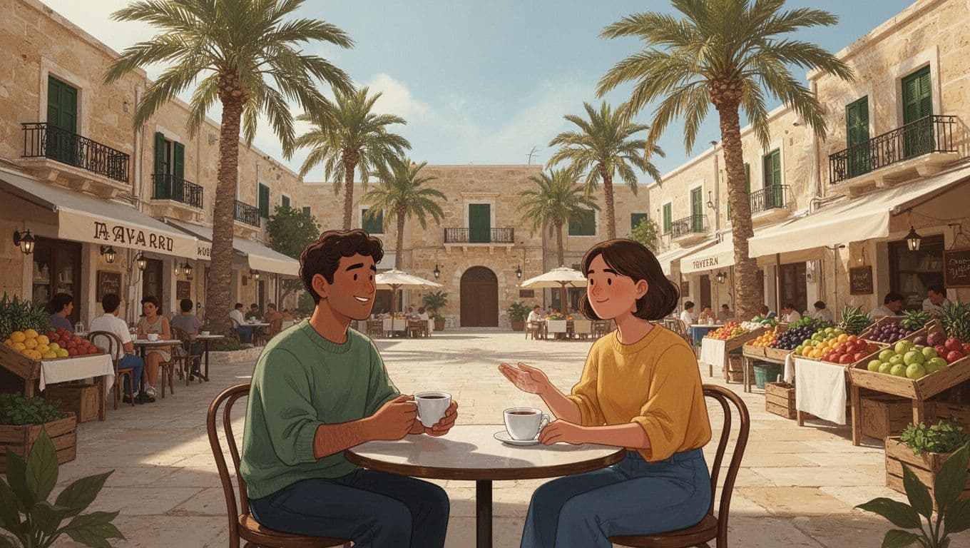 Central square lined with cafes, tavernas, palm trees, stone buildings, market stalls, two locals chatting at cafe table in afternoon light.