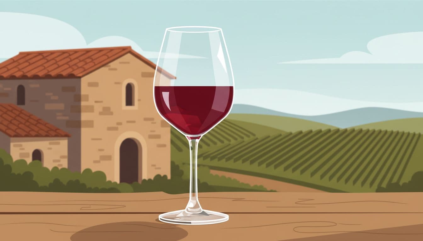 A glass filled with red wine sits prominently on a weathered wooden table. In the blurred background, a stone building stands near a lush vineyard during a relaxing afternoon tasting session.