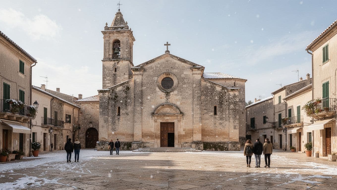 Exterior of Saint Lazarus Church in Larnaca square, stone facade, bell tower, winter daylight, three distant visitors.