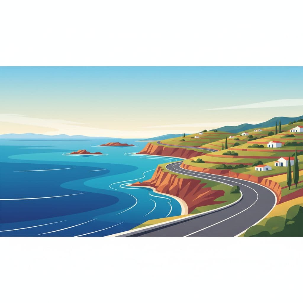A winding asphalt road curves along the Mediterranean coastline featuring golden hills and vibrant greenery. The turquoise sea glistens under a clear sky, highlighting the rugged beauty of the island landscape.