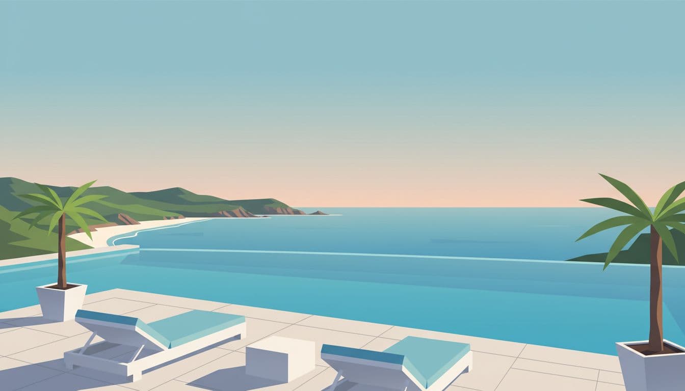 A calm infinity pool sits at the edge of a balcony overlooking a bright coastline. Empty sun loungers are placed neatly on the deck under a wide, clear blue sky.