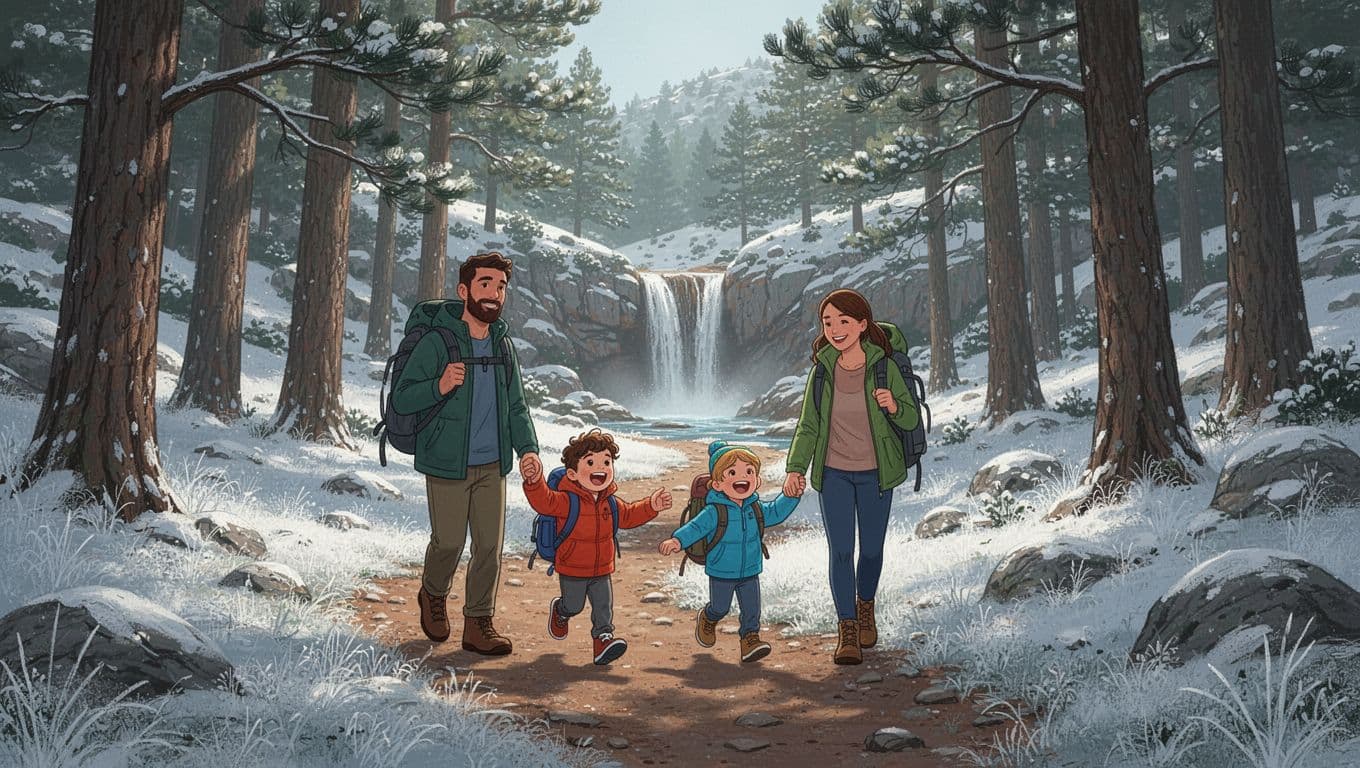 Family of four hikes frosty forest trail amid pine trees toward small waterfall in Troodos Mountains.