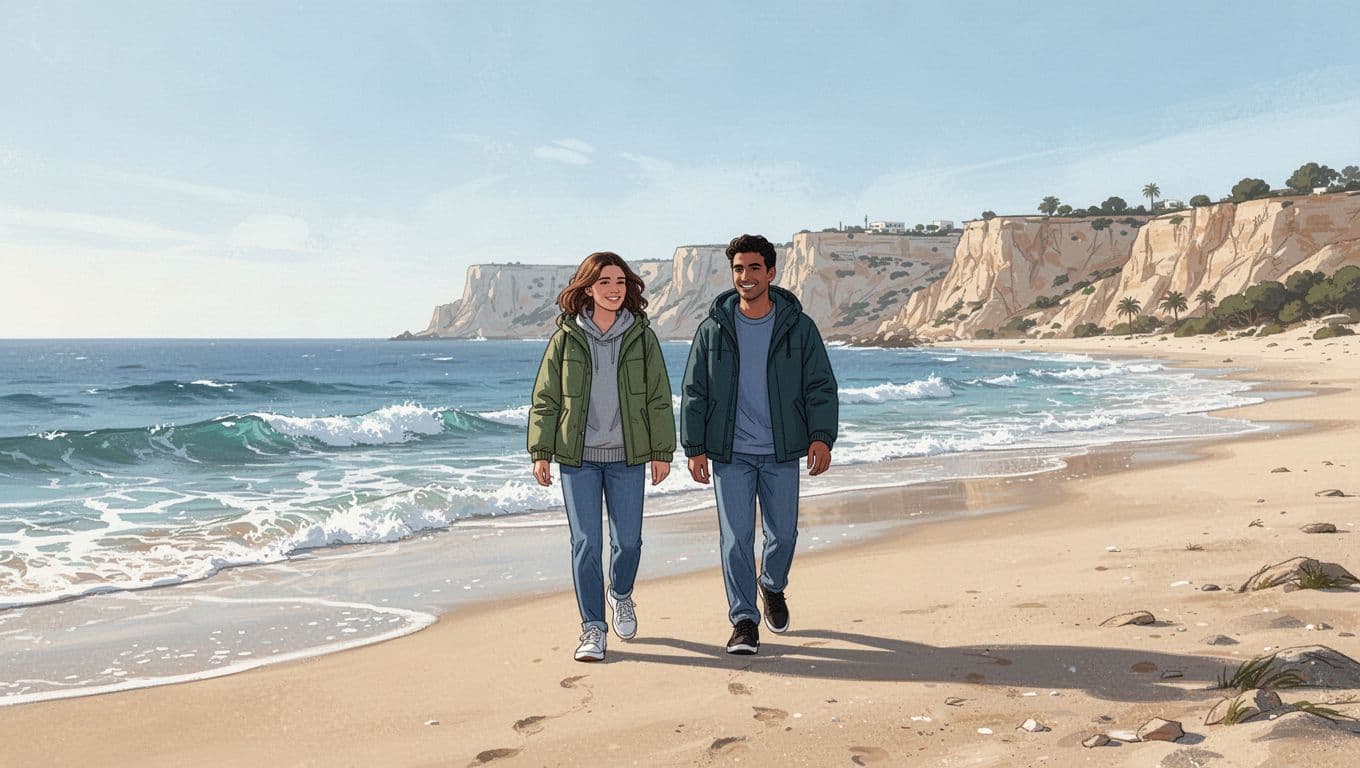 Two friends stroll relaxed along a quiet sunny beach in Paphos, Cyprus, with gentle waves, clear sky, and distant cliffs.
