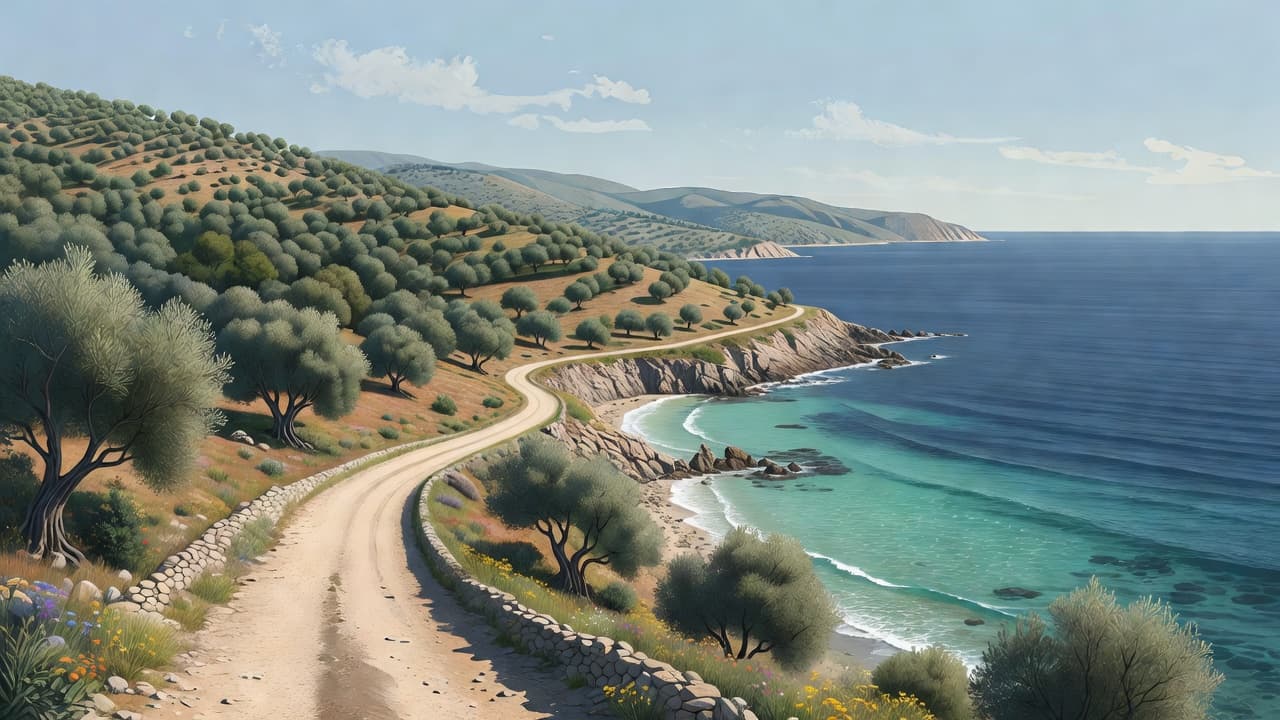 A scenic dirt path winds past silvery olive trees toward the bright blue Mediterranean Sea. Rolling hills frame the quiet landscape under a soft sky in this minimalist, tranquil illustration.